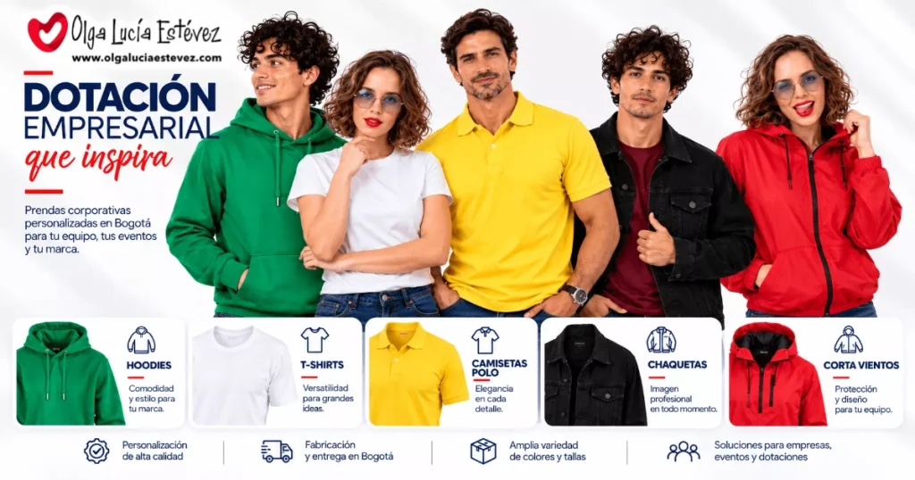 Banner de dotación empresarial y confección corporativa en Bogotá con modelos vistiendo hoodies, camisetas polo y chaquetas personalizadas