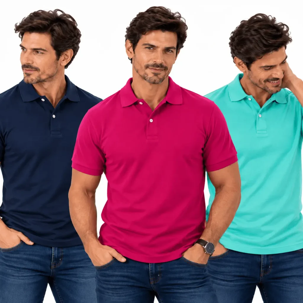 Hombre luciendo camisetas polo corporativas en Bogotá con amplia variedad de colores y diseño institucional.