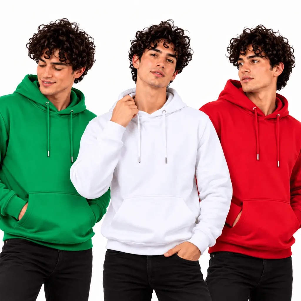 Modelos masculinos vistiendo hoodies y buzos con capucha personalizados para dotación empresarial y marcas en Bogotá.