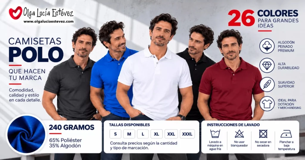 Banner y catálogo general de camisetas polo corporativas de 240 gramos en 26 colores para dotación empresarial en Bogotá