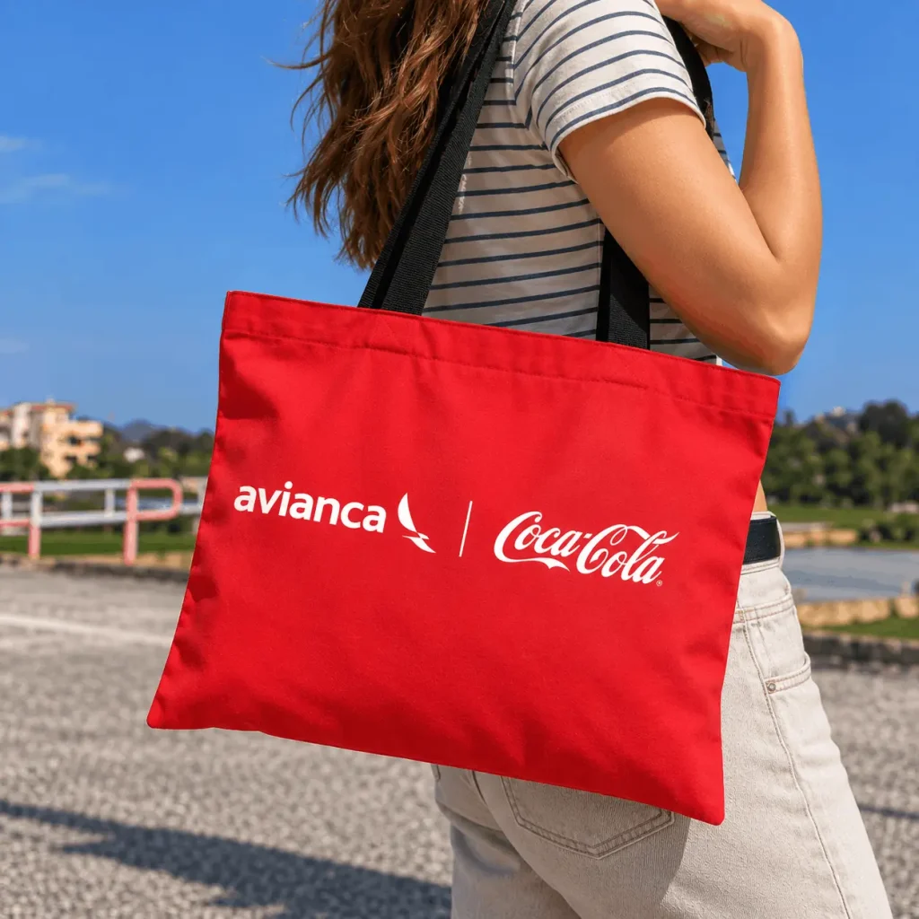 Bolsa navideña corporativa de Coca-Cola y Avianca en uso para regalos institucionales