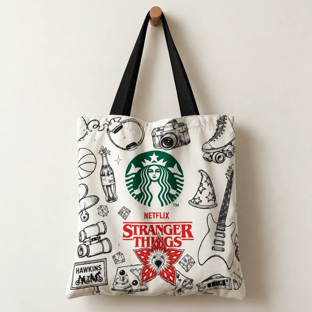 Bolsa tote de lona publicitaria con diseño de Starbucks y Stranger Things