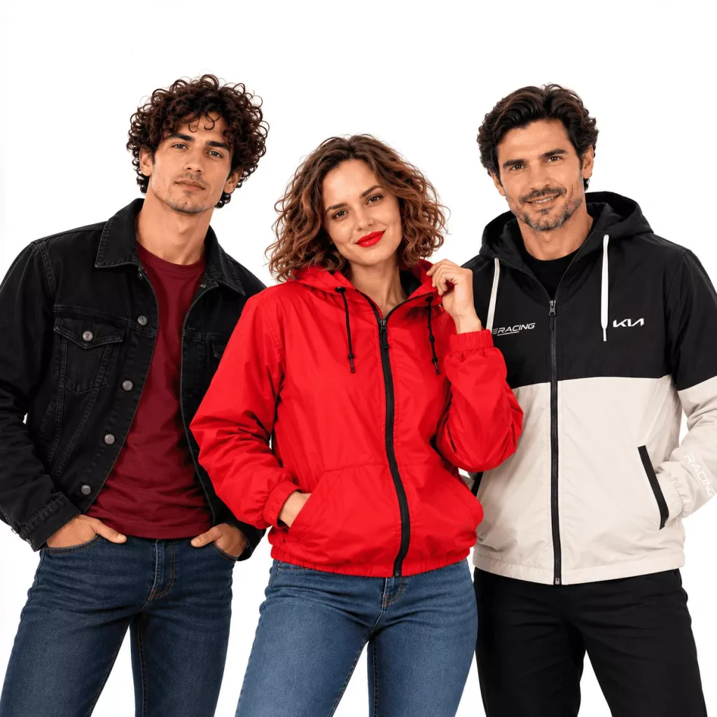 Modelos luciendo chaquetas, rompevientos institucionales con el logotipo de KIA y prendas de dotación fabricadas para merchandising corporativo en Bogotá.