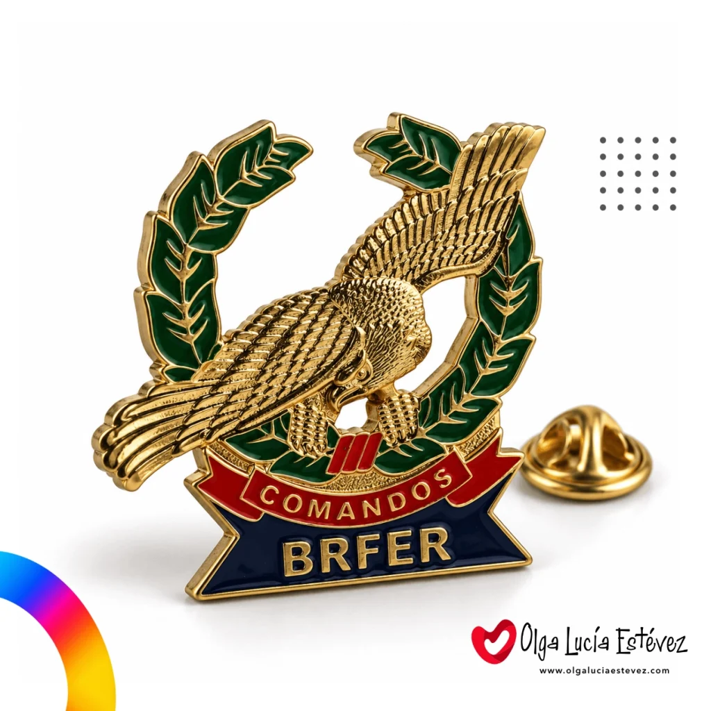 Pin fundido metálico de alta definición con forma de águila y laureles Comandos BRFER con esmaltado a color