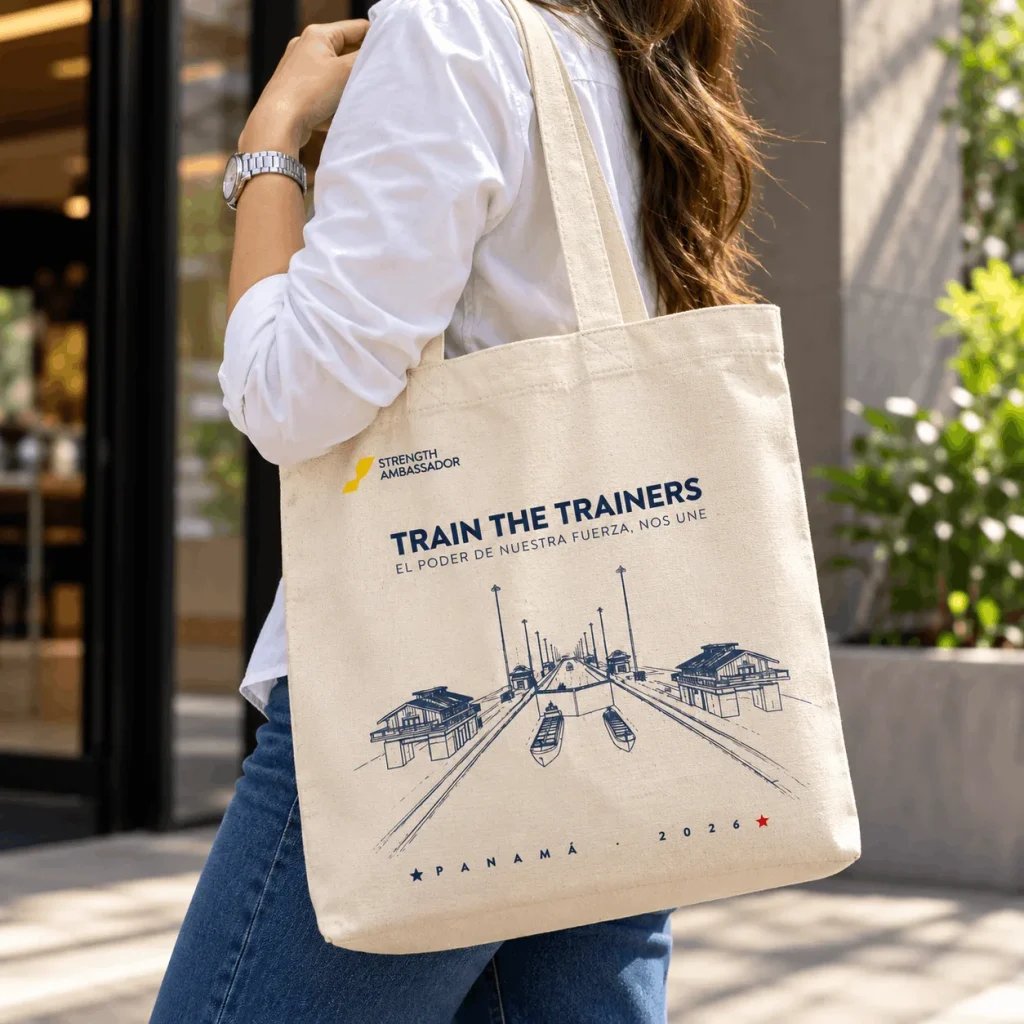 Tote bag corporativa de la marca Abbott en uso para eventos empresariales