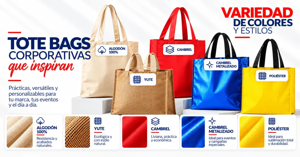Tote bags corporativas y bolsas ecológicas en materiales de algodón, yute, cambrel y poliéster para empresas en Bogotá