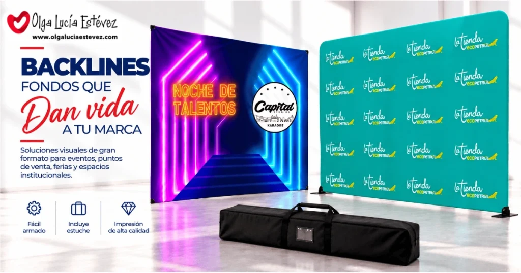 Backlines y backings publicitarios tipo araña y con base metálica, incluyendo maletín de transporte para ferias en Bogotá.