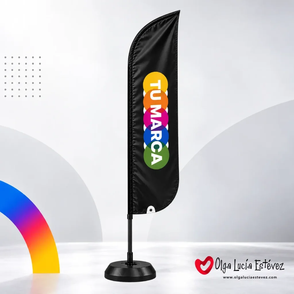 Bandera tipo pluma aleta impresa a todo color con base tanque rellenable para eventos en Bogotá