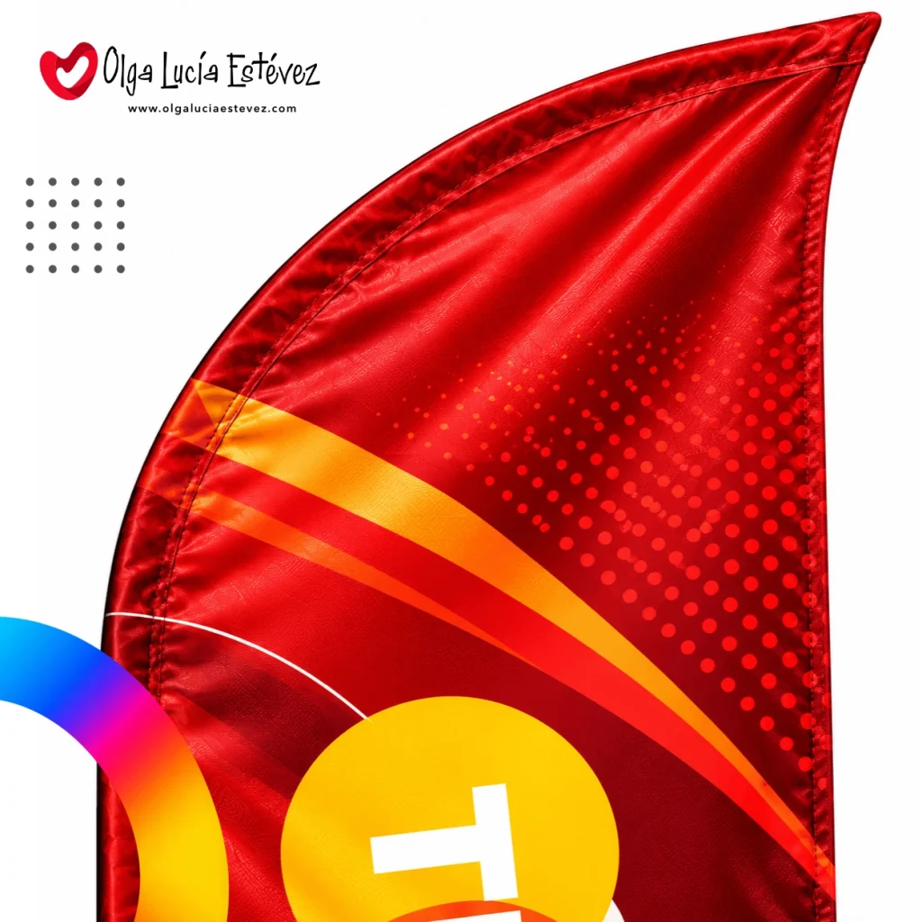 Detalle de la costura reforzada y el borde superior curvo de la bandera tipo pluma recta