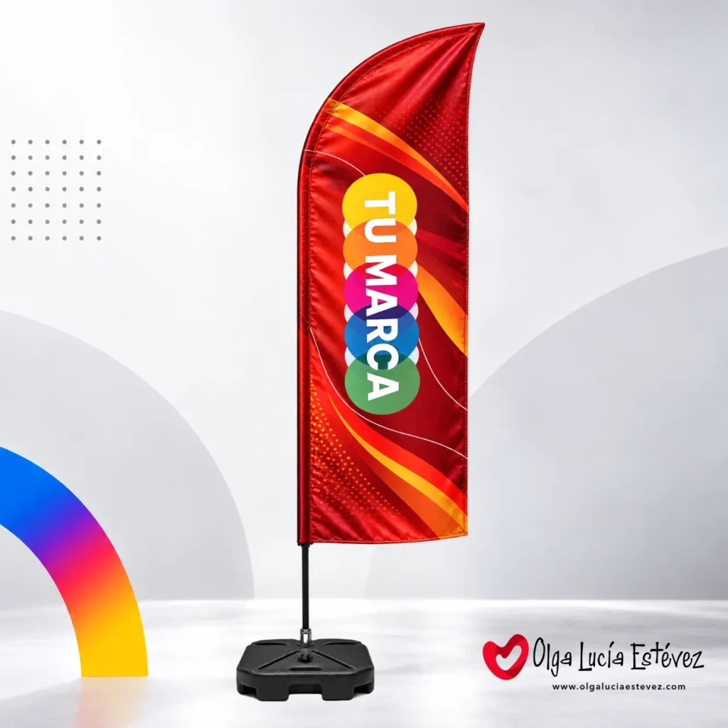 Bandera tipo pluma recta publicitaria en color rojo con base tanque rellenable para eventos en Bogotá