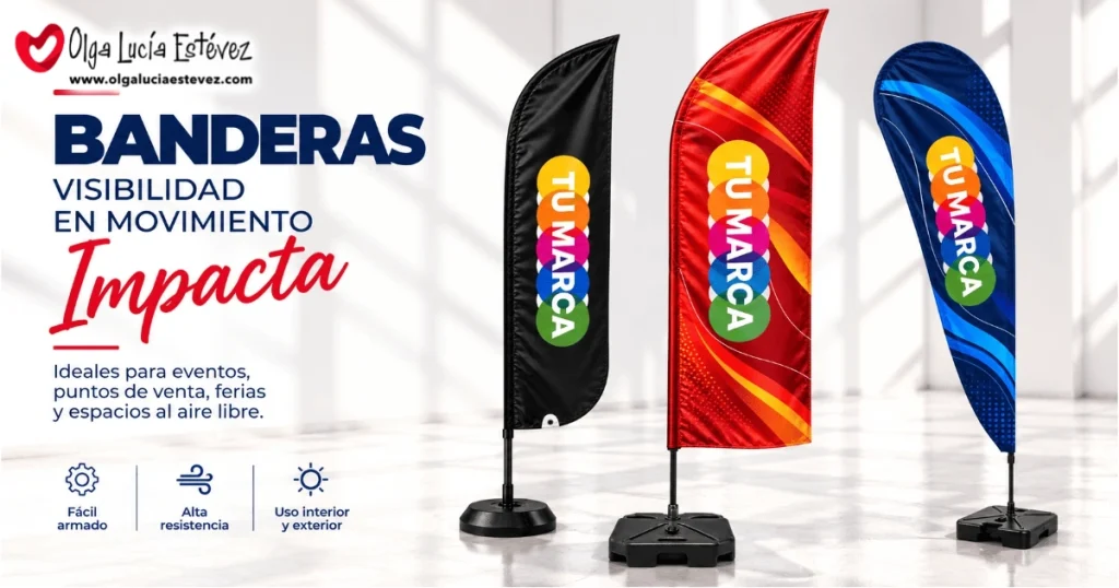 Tres banderas publicitarias portátiles tipo gota, aleta y pluma con bases de tanque para exteriores en Bogotá.