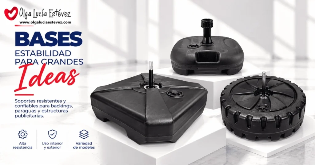 Bases de tanque plásticas rellenables y soportes pesados para estabilidad de banderas publicitarias en exteriores.