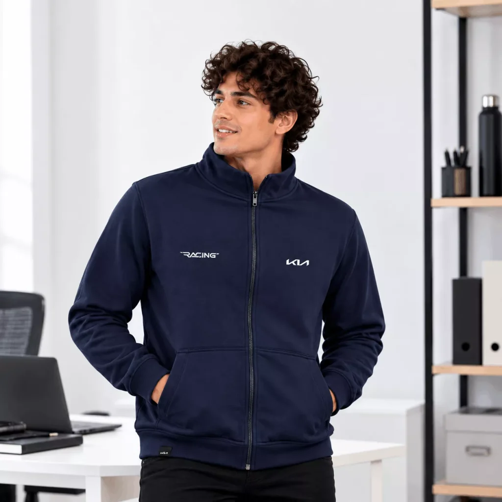 Chaqueta corporativa institucional Kia Racing color azul oscuro fabricada para dotación en Bogotá