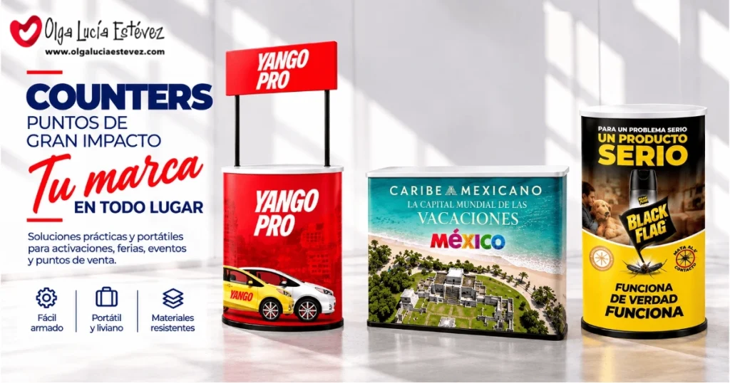 Counters y mesas promocionales portátiles con cenefa para stands publicitarios y puntos de venta en Bogotá.