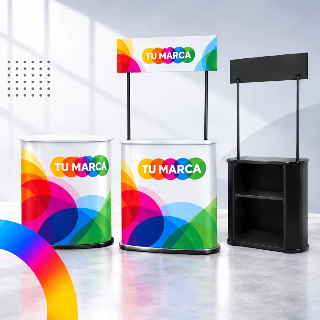 Counters y mesas promocionales portátiles con cenefa para stands publicitarios y puntos de venta en Bogotá.