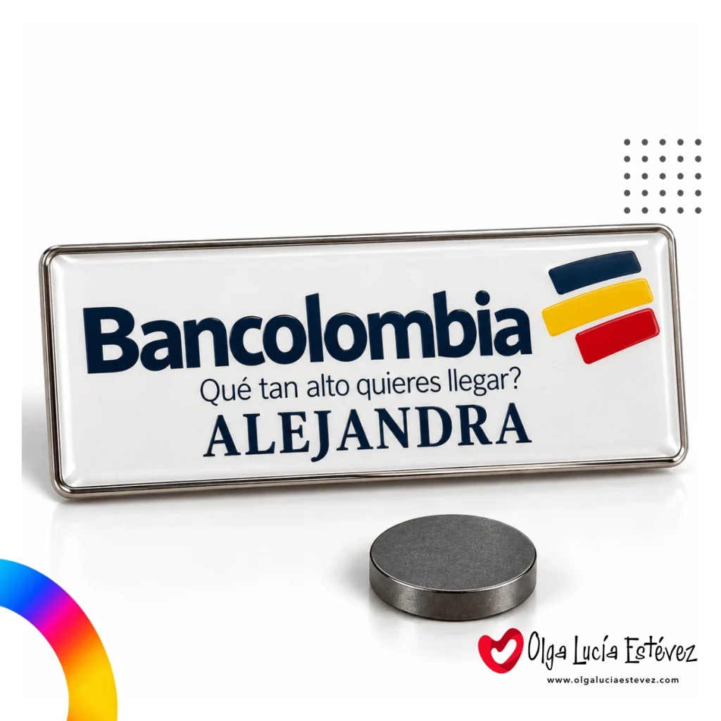Gafete rectangular de solapa personalizado Bancolombia con nombre del colaborador y sujeción magnética con imán.