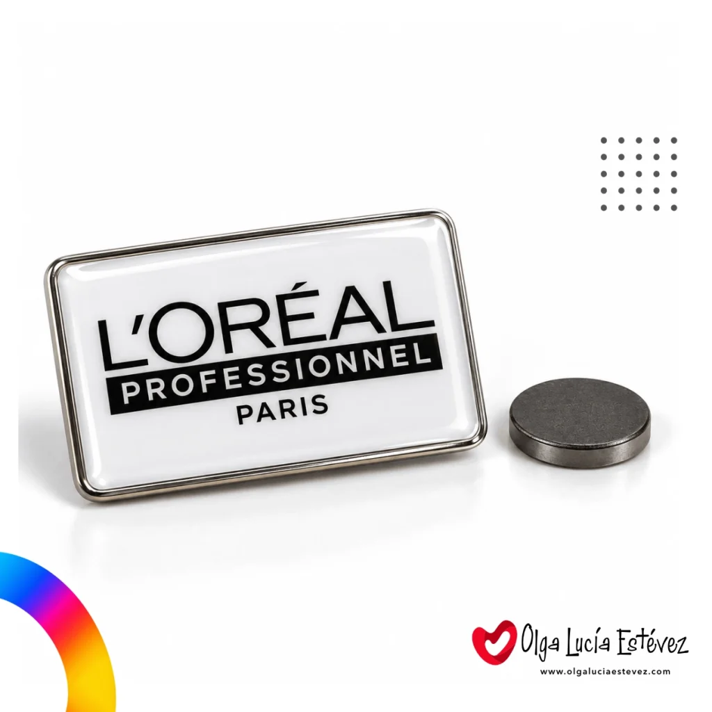 Gafete de solapa rectangular blanco L'Oréal Professionnel con sujeción magnética de imán para personal corporativo.