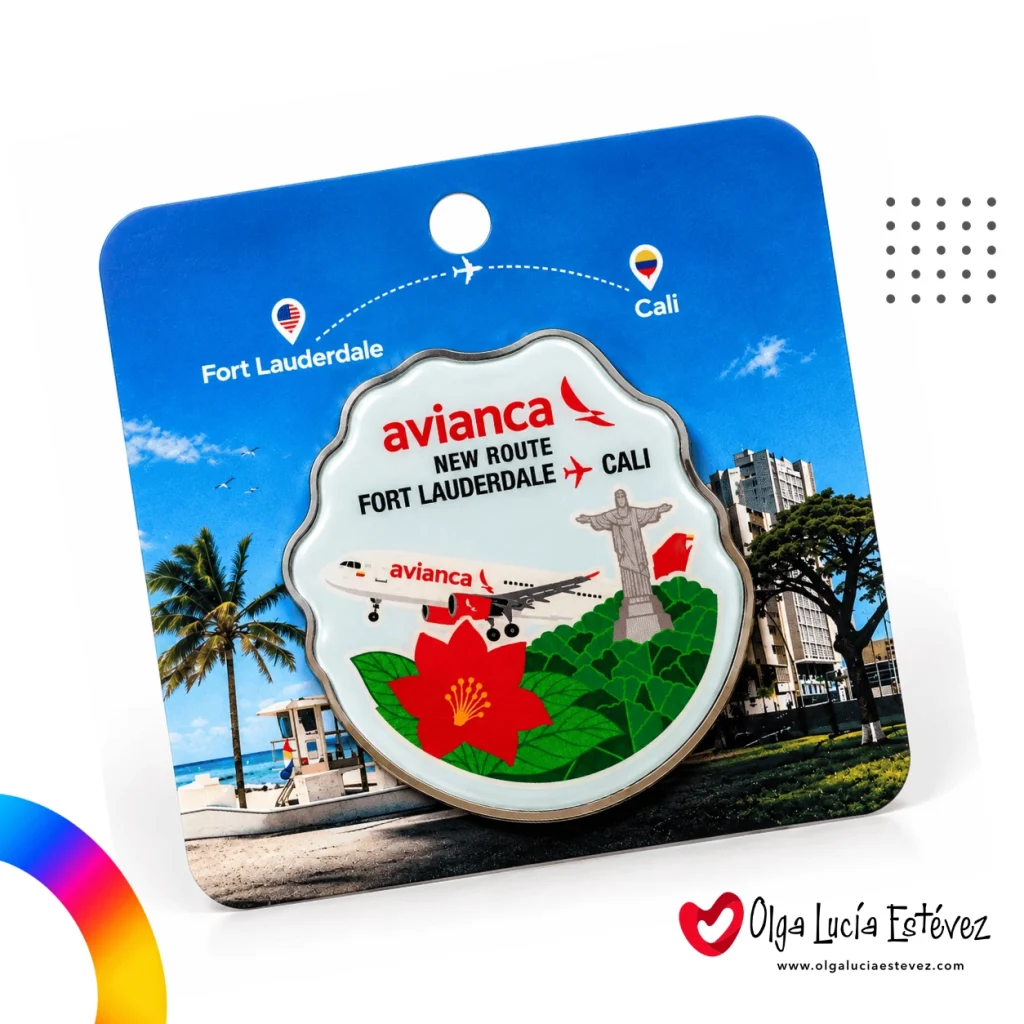 Pin digital resinado con forma troquelada personalizada para la nueva ruta Fort Lauderdale - Cali de Avianca.