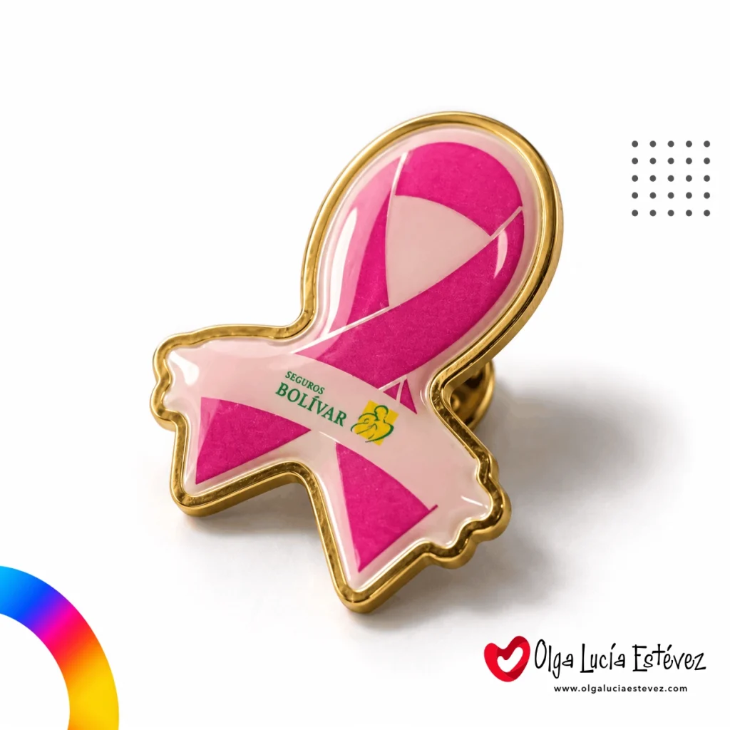 Pin metálico digital resinado con forma de lazo rosa de concientización personalizado para Seguros Bolívar.