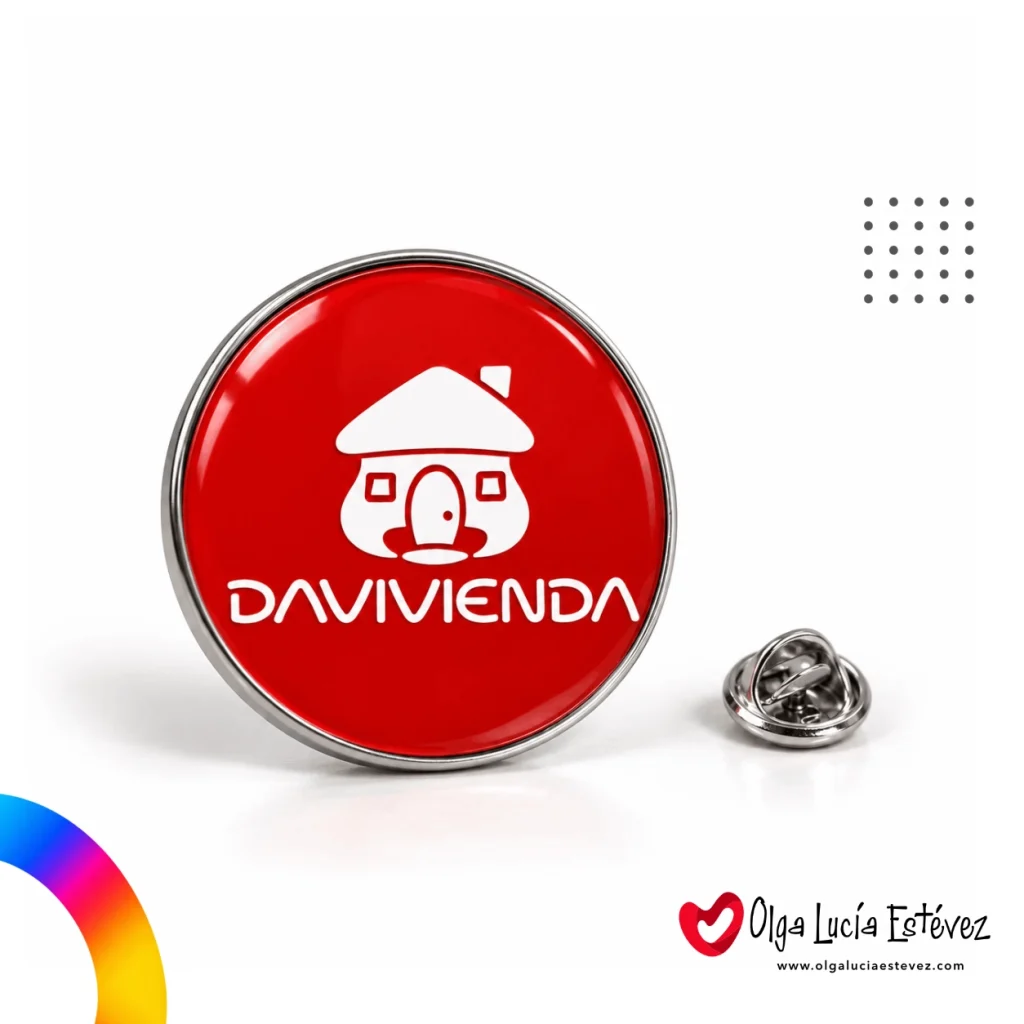 in digital resinado circular rojo personalizado con logo de Davivienda y broche metálico mariposa en Bogotá.