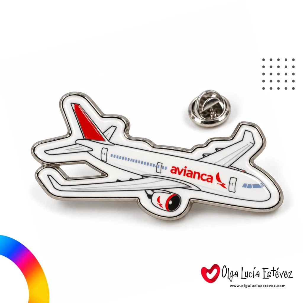 Pin metálico fotograbado troquelado con forma de avión de Avianca y broche metálico mariposa.
