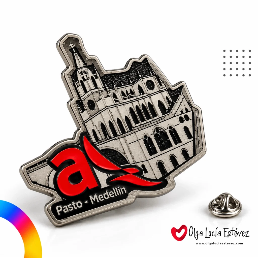 Pin metálico fotograbado con detalle arquitectónico de catedral y logo institucional Pasto - Medellín.