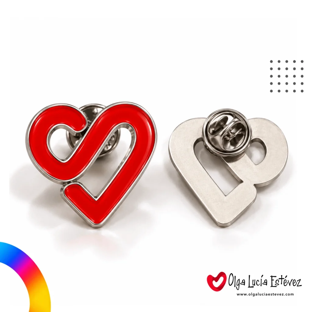 Pin metálico fotograbado troquelado con forma de corazón estilizado en esmalte rojo y base metálica plateada.