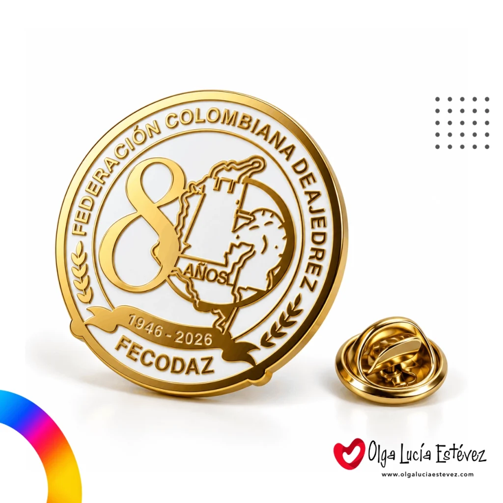 Pin metálico fotograbado con acabado dorado conmemorativo 80 años de FECODAZ Federación Colombiana de Ajedrez.