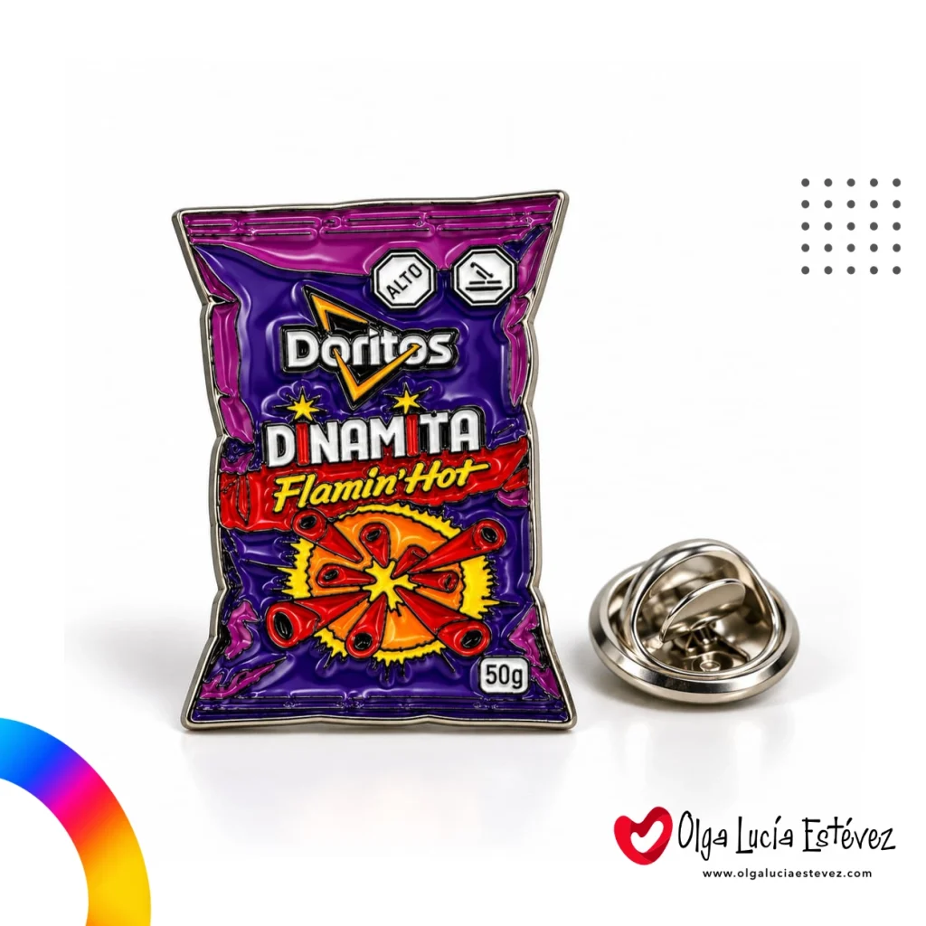 Pin metálico fotograbado publicitario con forma de empaque de Doritos Dinamita Flamin' Hot esmaltado.