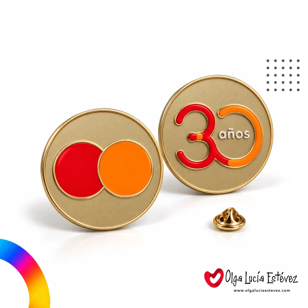 Pin metálico fundido con acabado dorado conmemorativo de 30 años e isotipo de Mastercard en alto relieve con esmalte.