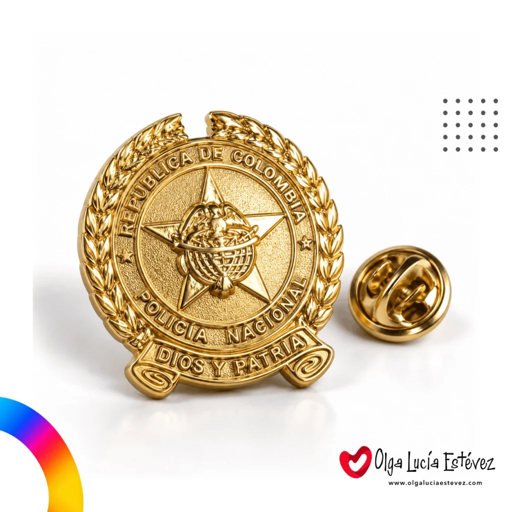 Pin metálico fundido dorado en alto relieve del escudo de la Policía Nacional de Colombia Dios y Patria.