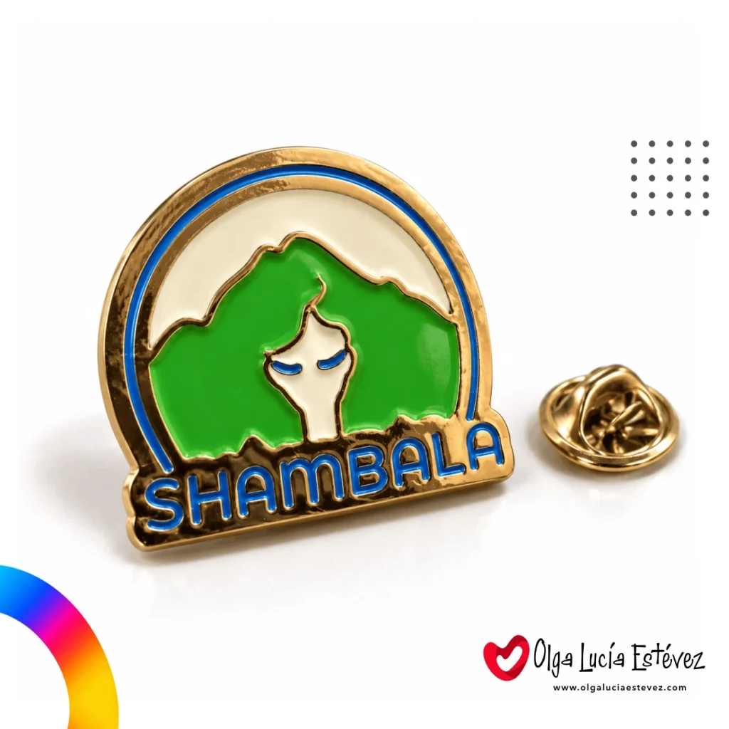 Pin metálico fundido con acabado dorado y esmaltado en verde, azul y blanco para marca Shambala.