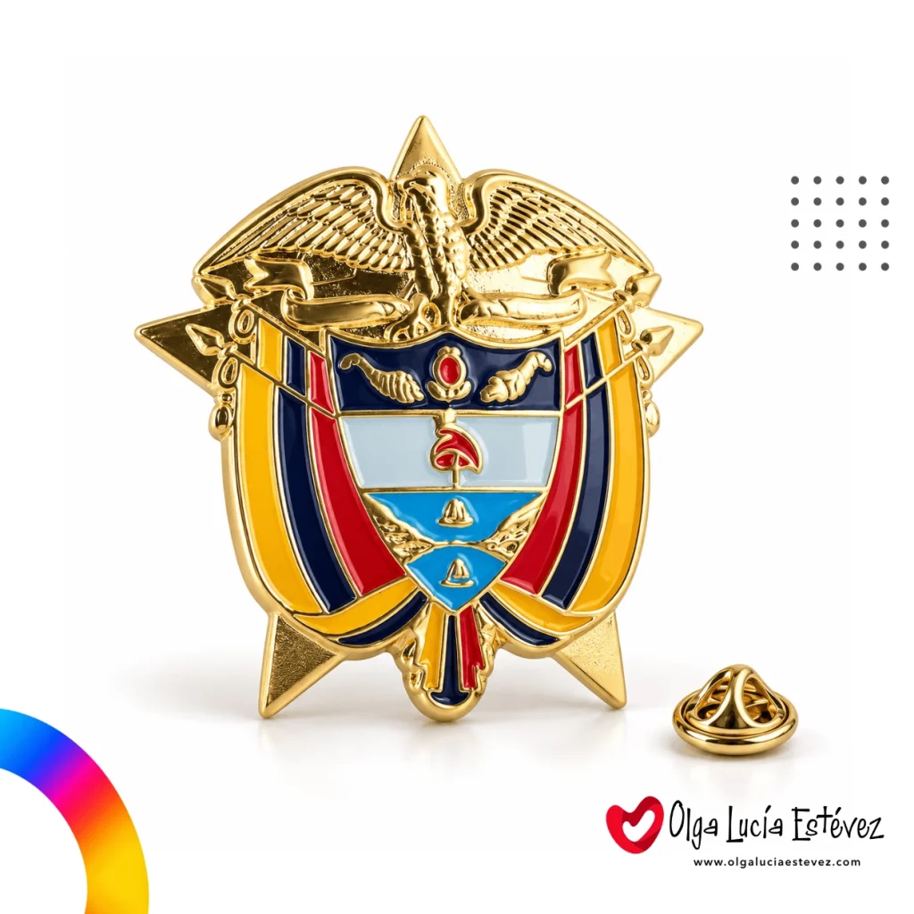 Pin metálico fundido en alto relieve con el escudo heráldico y el águila de la República de Colombia y esmaltado institucional.