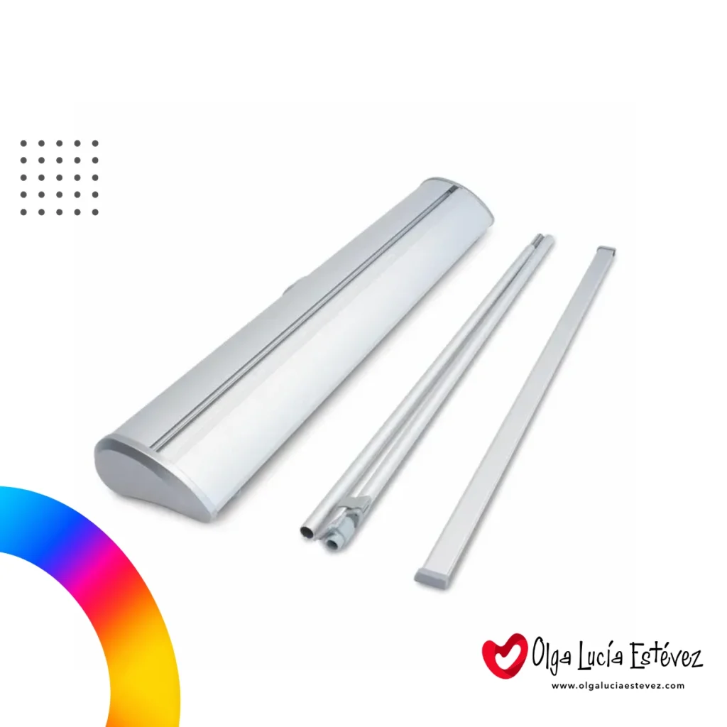 Base de aluminio premium y varillas plegables para ensamble de pendón roll up deluxe.