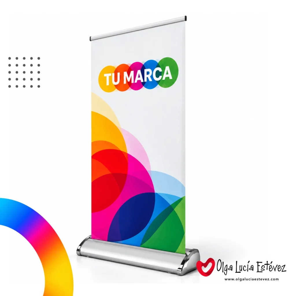 Exhibidor roll up deluxe con base de aluminio reforzada e impresión publicitaria en Bogotá