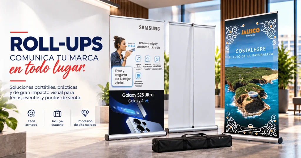 Par de roll-ups o pendones enrollables publicitarios portátiles con estuche de lona para eventos y activaciones de marca en Bogotá.