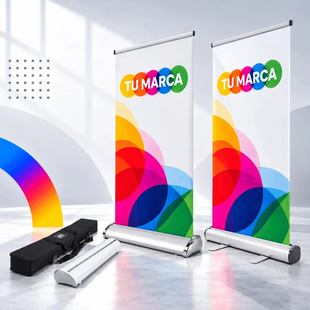 Par de roll-ups o pendones enrollables publicitarios portátiles con estuche de lona para eventos y activaciones de marca en Bogotá.