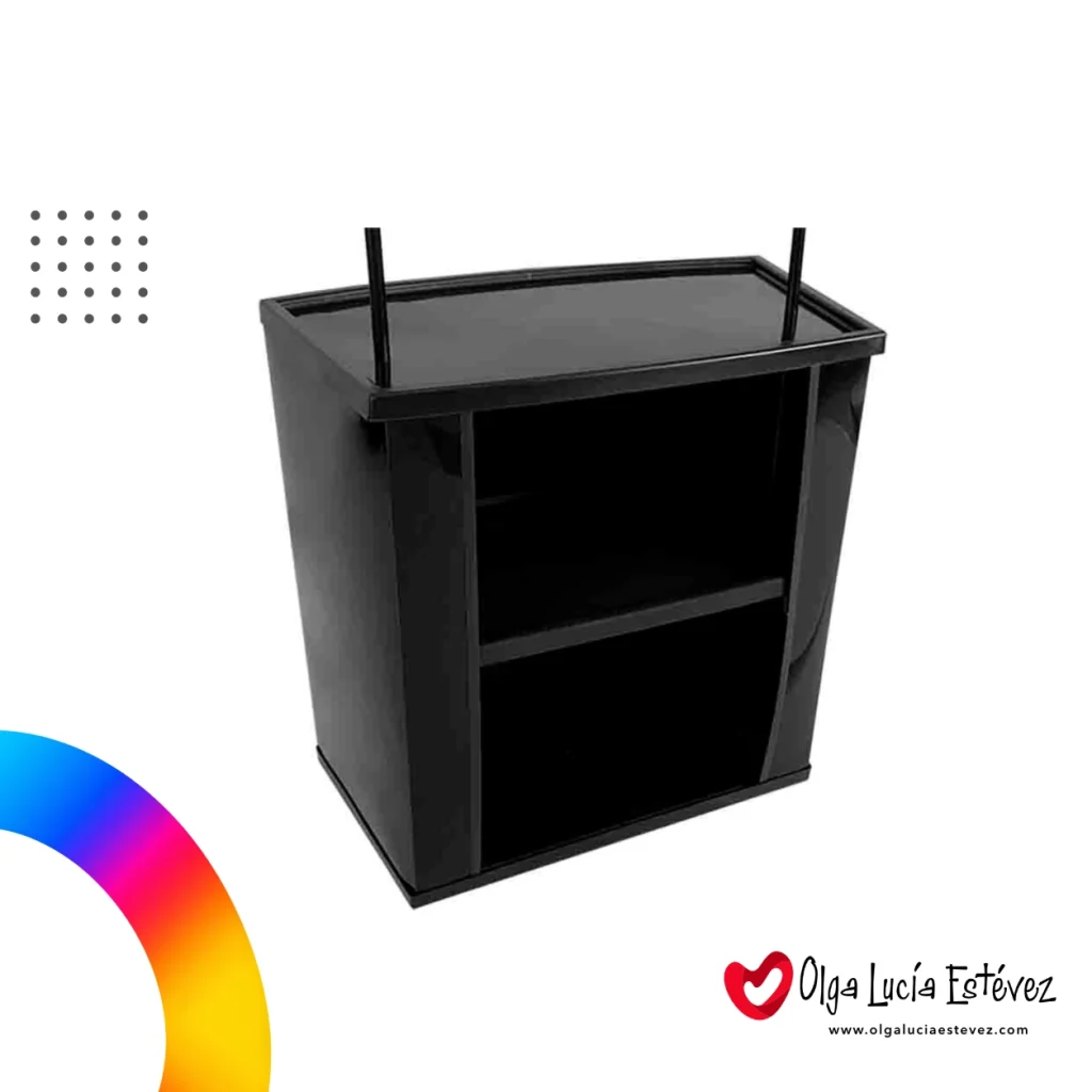 Módulo base de stand plástico negro con repisa intermedia para organización de inventario