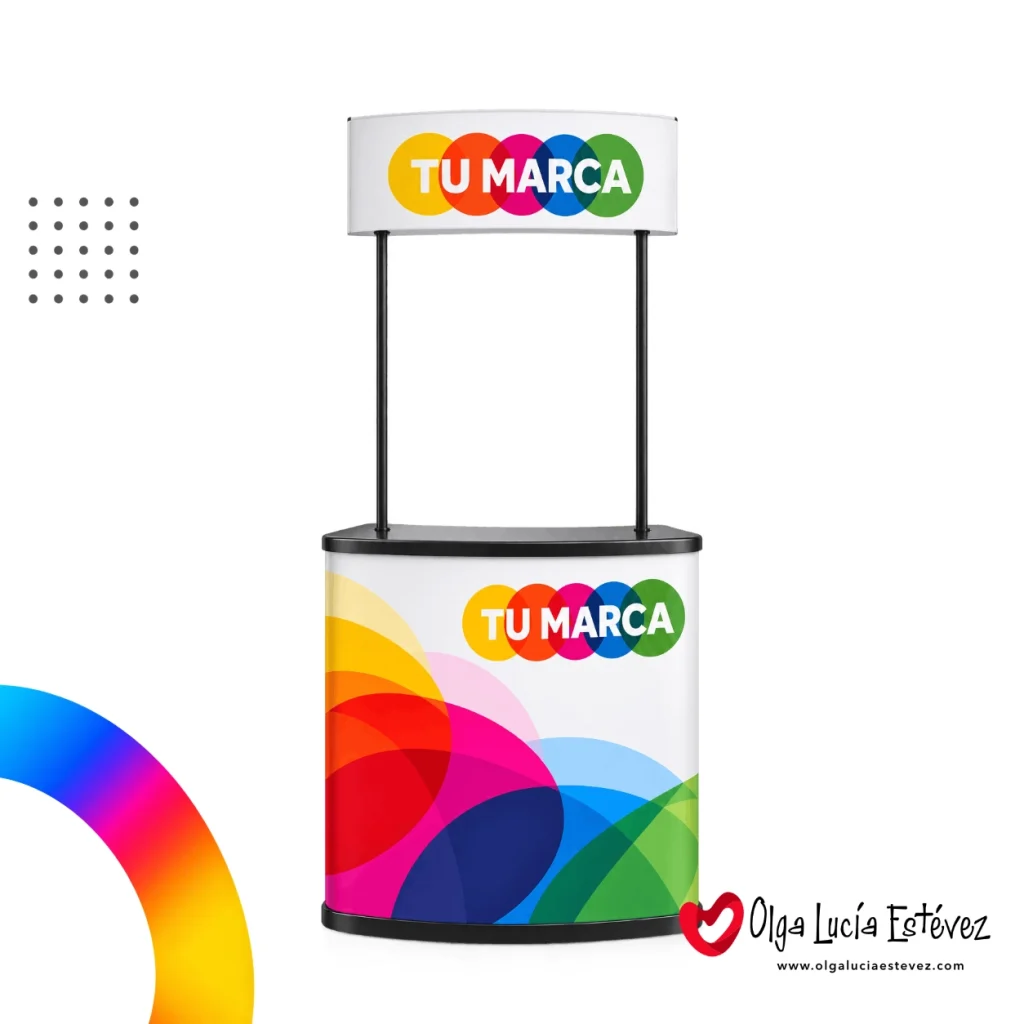 Stand publicitario plástico color negro tipo counter con cenefa superior para degustaciones en Bogotá