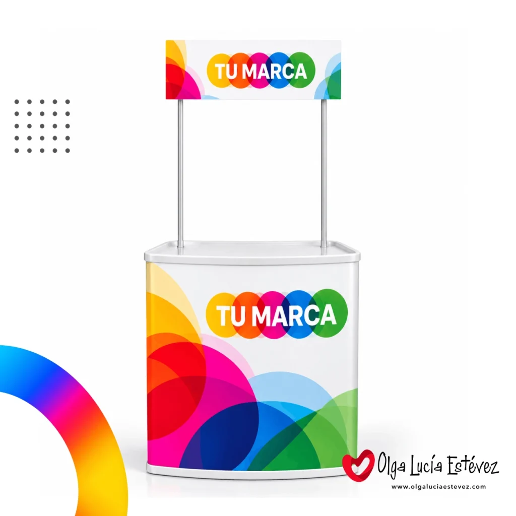 Stand publicitario plástico blanco promocional tipo counter con cenefa personalizada para eventos en Bogotá