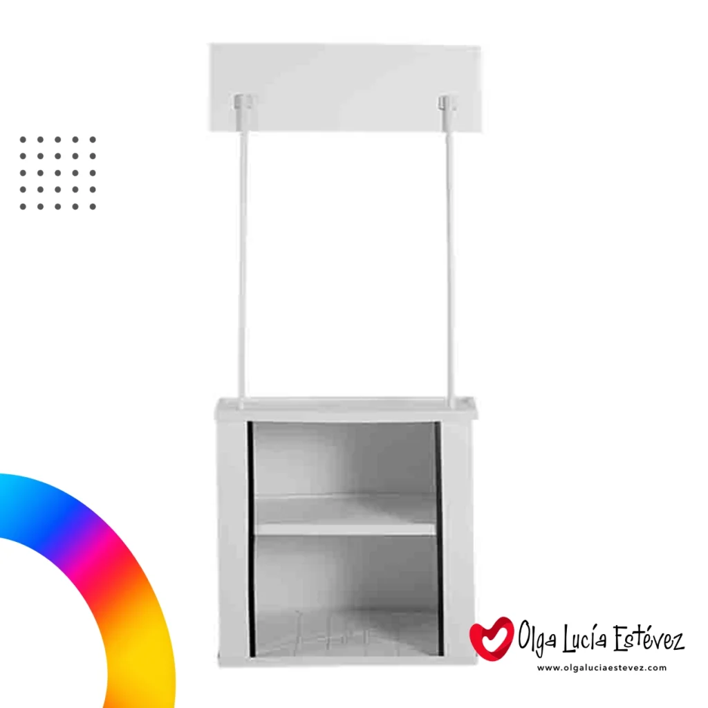 Vista trasera de mesa promocional plástica blanca con repisa interna para stand publicitario