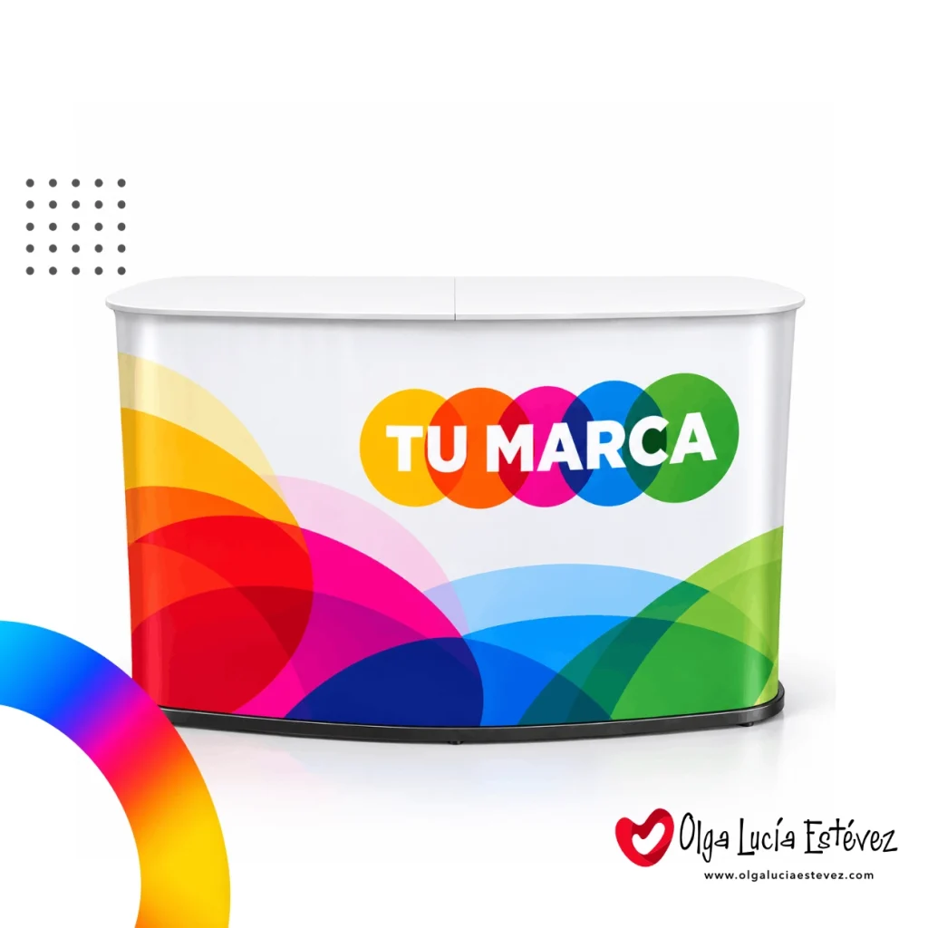 Stand publicitario tipo flecha impreso a todo color para promociones y eventos en Bogotá